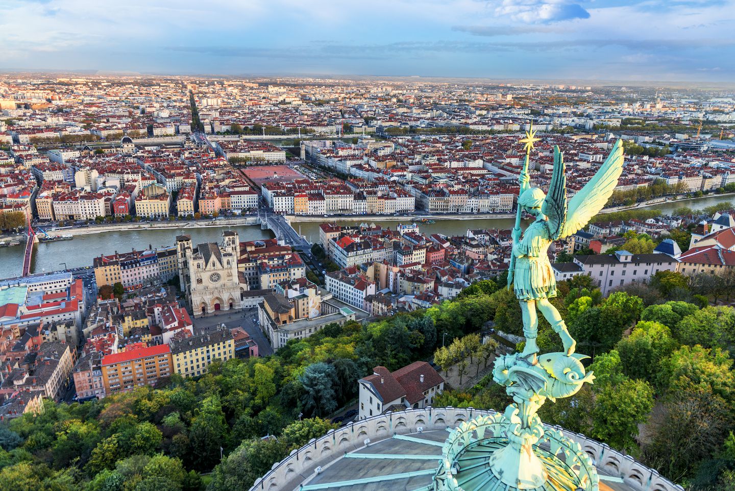 An aerial view of Lyon and the Saône River